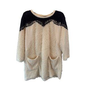 Ryu Cream Black Lace Oversized Womens Sweater L Cozy Luxe Parisian Chic Romantic